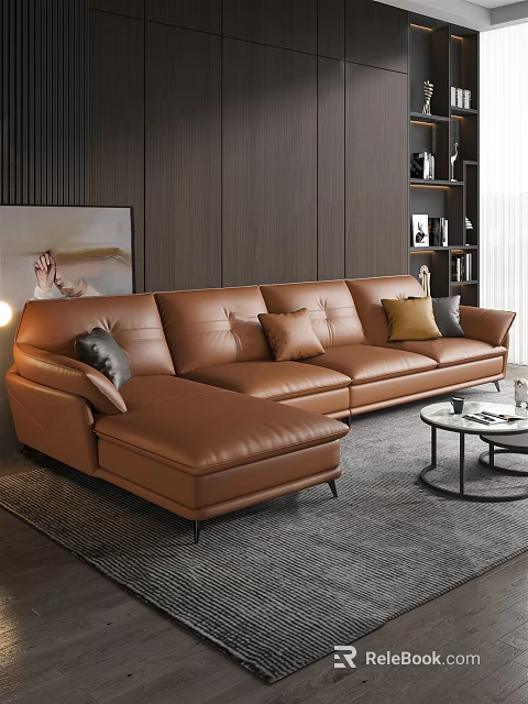 Modern Brown Leather Sectional Sofa Living Room Interior With Coffee Table And Wooden Wall 3d model 