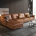 Modern Brown Leather Sectional Sofa Living Room Interior With Coffee Table And Wooden Wall