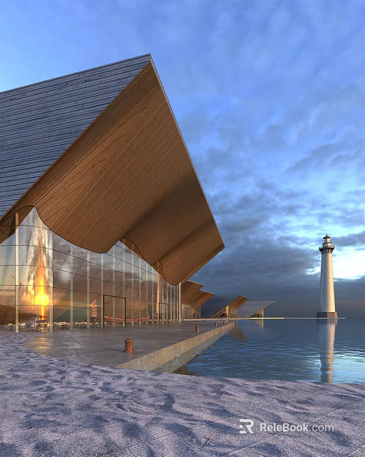 Modern Building With Sloped Wooden Roof Glass Curtain Walls And Waterfront Lighthouse 3d model 