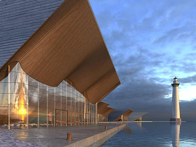 Modern Building With Sloped Wooden Roof Glass Curtain Walls And Waterfront Lighthouse 3d model