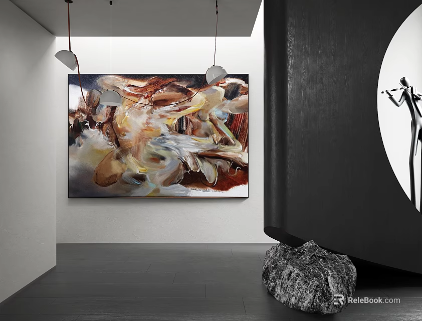 Abstract Oil Painting in Modern Interior with Vibrant Red Yellow White Tones and Decorative Lights 3d model 