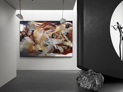 Abstract Oil Painting in Modern Interior with Vibrant Red Yellow White Tones and Decorative Lights 3d model