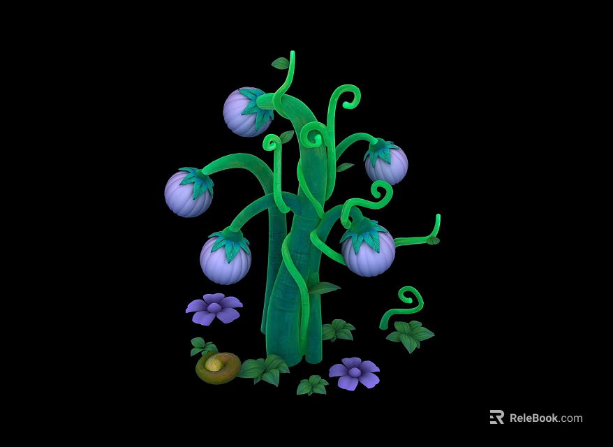 Curly Green Stem Plant With Purple Buds Small Flowers And Green Leaves 3d model 