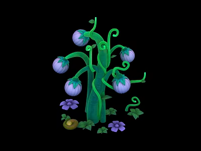Curly Green Stem Plant With Purple Buds Small Flowers And Green Leaves 3d model