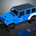 Blue And White Jeep Vehicle With Black Roof And Off Road Wheels Design