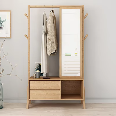 Wooden Coat Rack with Mirror Drawer Cabinet and Hanging Clothes for Home 3d model