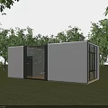 Modern White Container Style Guesthouse Building With Glass Windows And Green Trees