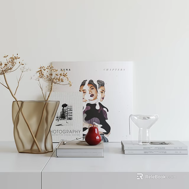 Decorative Ornament Set with Brown Vase Dried Flowers Red Pear Glass Candleholder and Art Books 3d model 