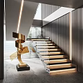 Modern Staircase With Glass Railing LED Strip Lighting Metallic Sculpture And Vertical Slat Wall