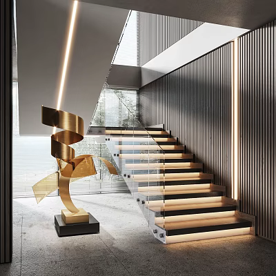 Modern Staircase With Glass Railing LED Strip Lighting Metallic Sculpture And Vertical Slat Wall 3d model
