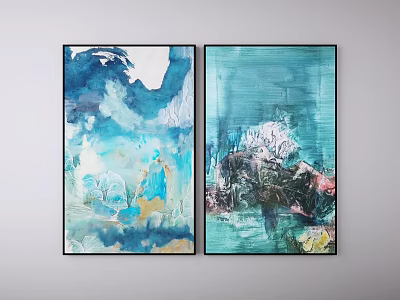 Two Piece Abstract Paintings Blue Turquoise White Textured Brushstrokes Wall Art Decor 3d model