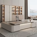 Modern Wooden Office Desk With Ergonomic Chair Laptop And Bookshelf View