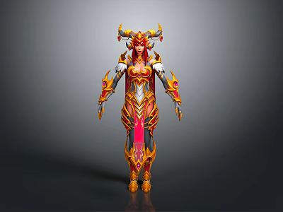 Mythical Female Warrior Character in Ornate Red and Gold Armor With Horns and Flame Details 3d model