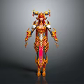 Mythical Female Warrior Character in Ornate Red and Gold Armor With Horns and Flame Details
