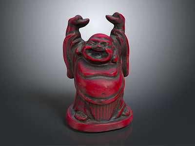 Red Laughing Buddha Sculpture Hand Carved With Raised Hands And Traditional Design 3d model