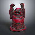 Red Laughing Buddha Sculpture Hand Carved With Raised Hands And Traditional Design