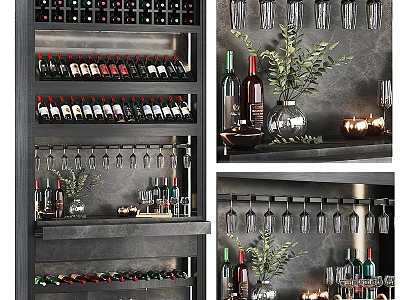 Modern Wine Cabinet Featuring Organized Wine Bottles Hanging Glasses and Decorative Plants 3d model