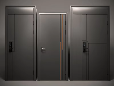 Three Modern Dark Gray Security Doors With Orange Middle Stripe And Various Lock Designs 3d model