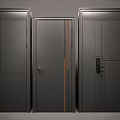 Three Modern Dark Gray Security Doors With Orange Middle Stripe And Various Lock Designs