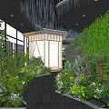 Lush Indoor Landscape With Hanging Crystal Decor Glass Walls Wooden Structure Gray Pathway And Lights