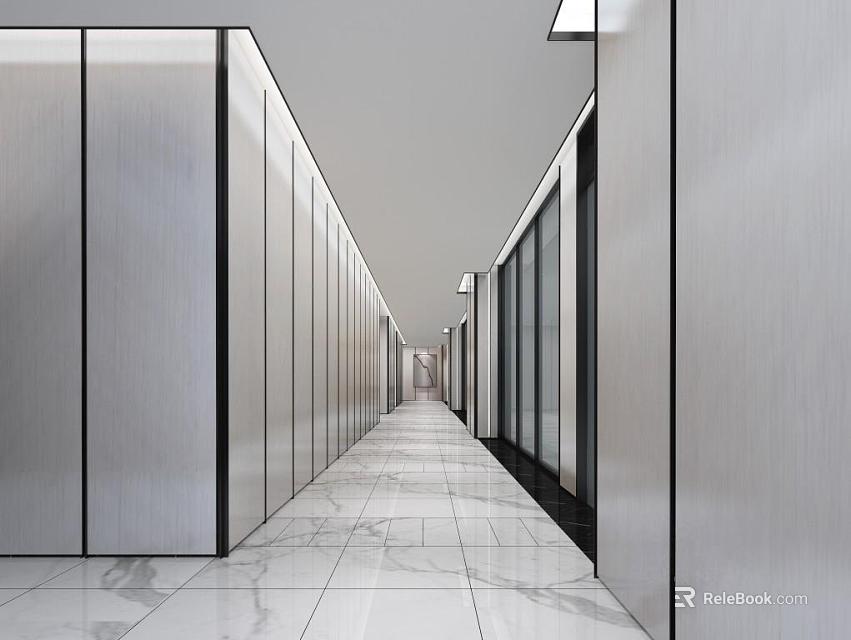 Modern Office Corridor With Silver Metal Walls Glass Partitions And Marble Floors 3d model 