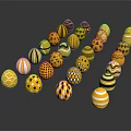 Decorative Ornament Set with Yellow and Black Spheres Various Patterns Glossy Finish on Black Background