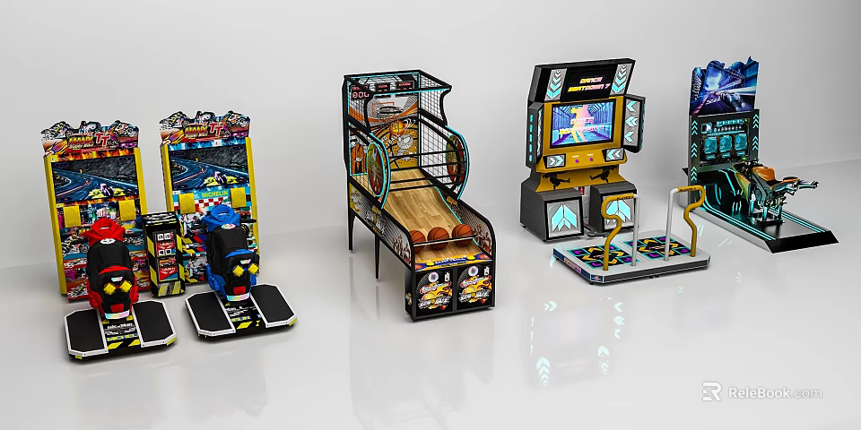 Colorful Arcade Amusement Equipment Including Basketball Shooting And Racing Games 3d model 