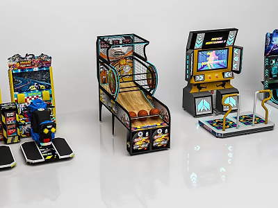 Colorful Arcade Amusement Equipment Including Basketball Shooting And Racing Games 3d model