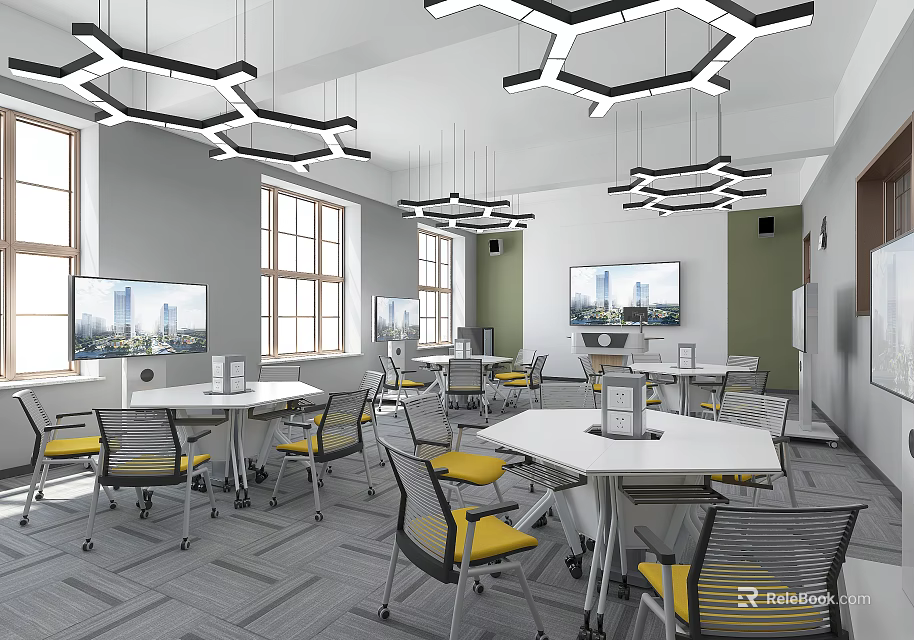 Modern School Classroom With Hexagonal Pendant Lights White Tables Yellow Chairs And Screens 3d model 