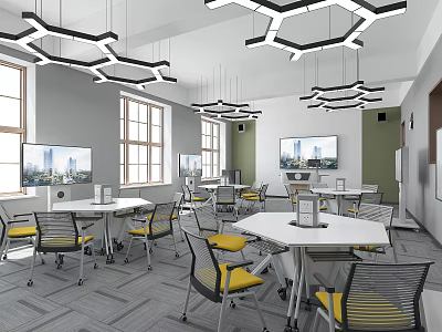 Modern School Classroom With Hexagonal Pendant Lights White Tables Yellow Chairs And Screens 3d model