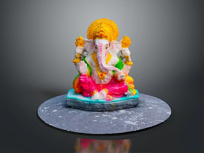 Colorful Ganesha Statue On Round Gray Decorative Display Stand For Home 3d model