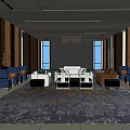 Modern Luxury Hotel Public Lounge With Dark Tones Chandelier Sofas Carpet And Decorative Art