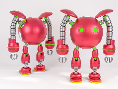 Red Robot 3D Models With Green Eyes Mechanical Arms Legs And Yellow Base 3d model