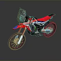 Red Motocross Motorcycle with Sponsor Stickers Off Road Tires and Sporty Body Design