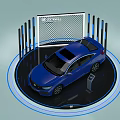 Showcase Shelves with Blue Car Display Featuring Vertical Bars Grid Screen and Circular Platform
