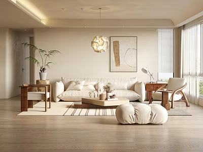 Qui Ji Living Room Home Living Room Fabric Multi-Person Sofa Wooden Leisure Chair Side Decoration Combination 3d model