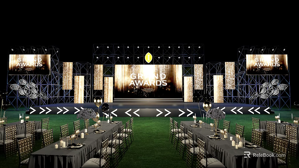 Grand Awards Ceremony Stage Setup With Large Screen Lighting And Dining Tables 3d model