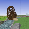 Charming Garden Ornament Featuring Wooden Waterwheel Lush Greenery And Stone Path