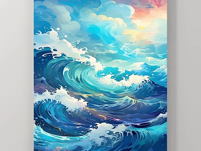 Vibrant Blue Ocean Waves Landscape Painting With White Foam And Sunlit Clouds 3d model