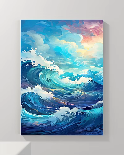Vibrant Blue Ocean Waves Landscape Painting With White Foam And Sunlit Clouds 3d model