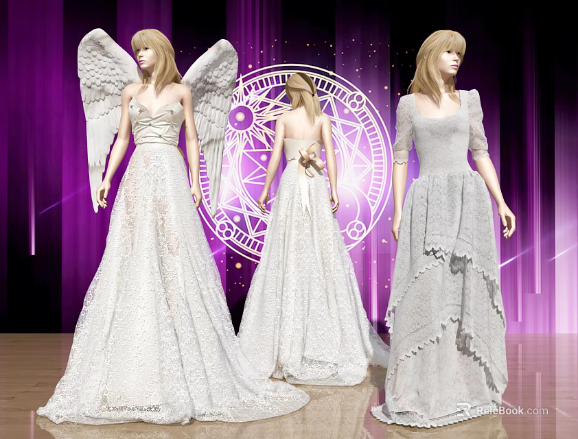 Women in White Dresses with Angel Wings Against Purple Background and Mystical Circular Symbols 3d model 