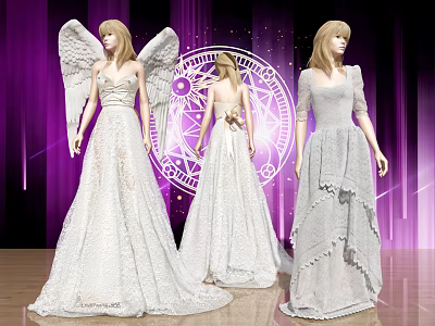Women in White Dresses with Angel Wings Against Purple Background and Mystical Circular Symbols 3d model