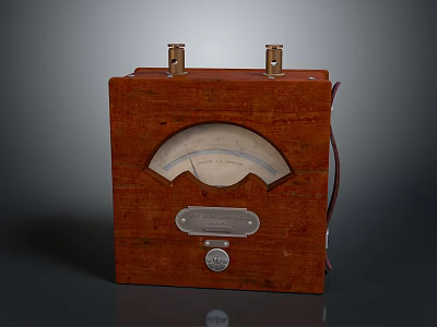 Vintage Wooden Case Analog Meter Instrument With Metal Components And Cable 3d model