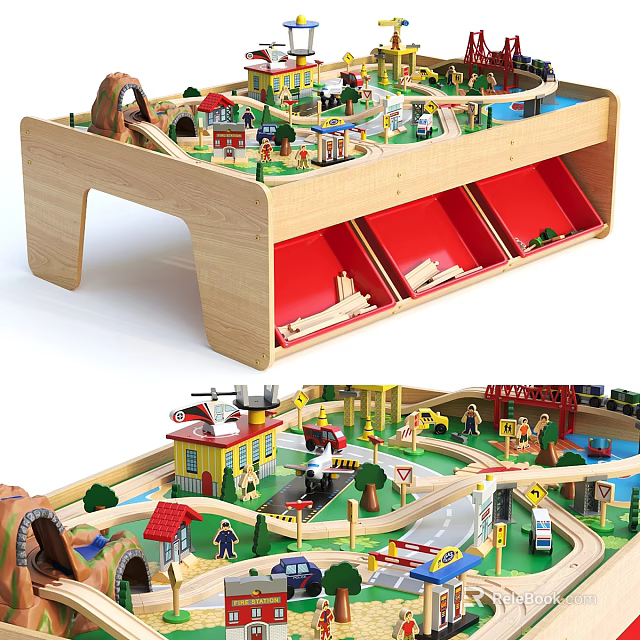 Wooden Block Play Table With Storage And Town Scenes 3d model 