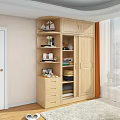 Modern Light Wood Wardrobe with Open Shelves Folded Clothes Storage and Decorative Elements