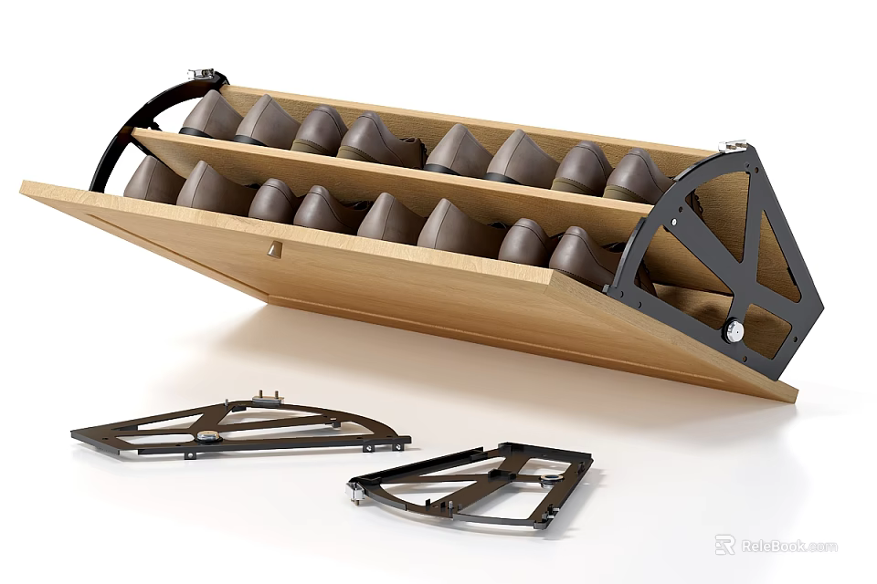 Modern Wooden Shoe Cabinet With Metal Frame Inclined Shoe Racks And Storage Solution 3d model 