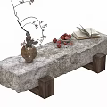 Natural Stone Bench With Clay Vase Red Fruits Open Book And Twig Decoration