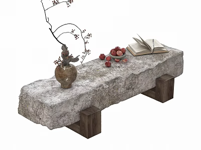 Natural Stone Bench With Clay Vase Red Fruits Open Book And Twig Decoration 3d model
