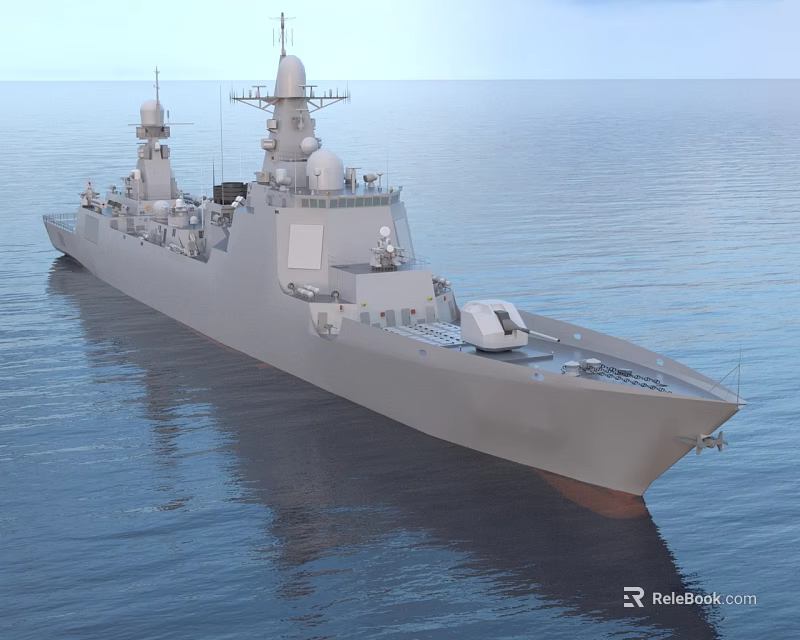 Gray Warship Sailing on Calm Blue Sea With Radar Antennas and Superstructure 3d model 