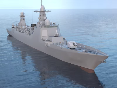 Gray Warship Sailing on Calm Blue Sea With Radar Antennas and Superstructure 3d model